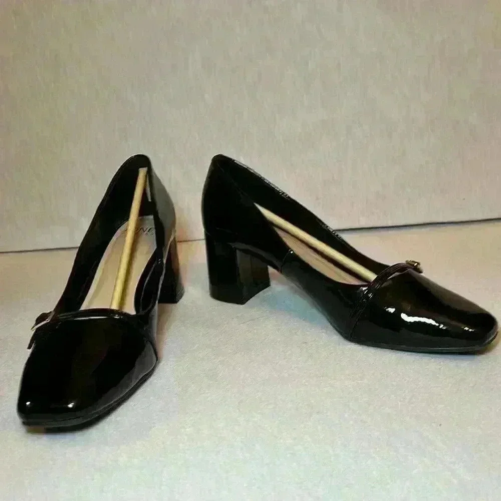 JONES NEW YORK Women Aubin Block Heel Dress Pumps In Black w Gold Buckle Size 10